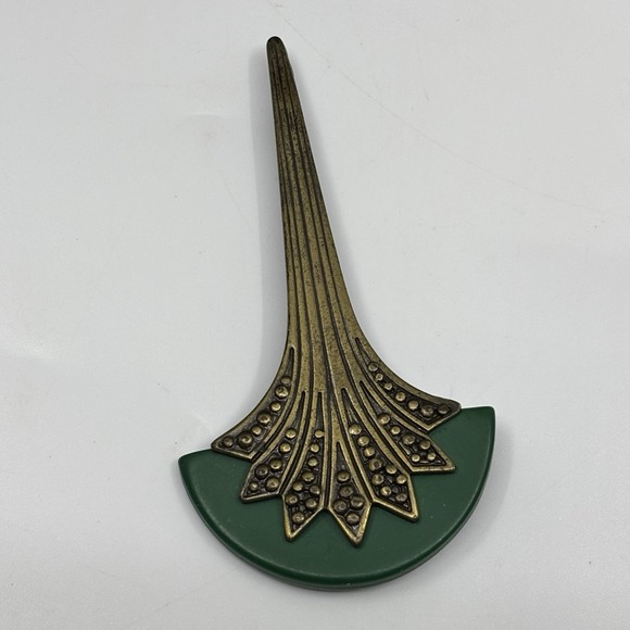 The Unbranded Brand Jewelry - Vintage Art Deco Style Fan Brooch Statement Metal Plastic Bronze Green Pin